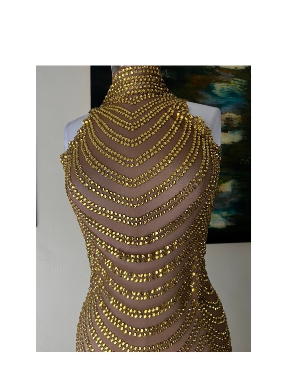 Alglist Gold Rhinestone Mesh Maxi Dress